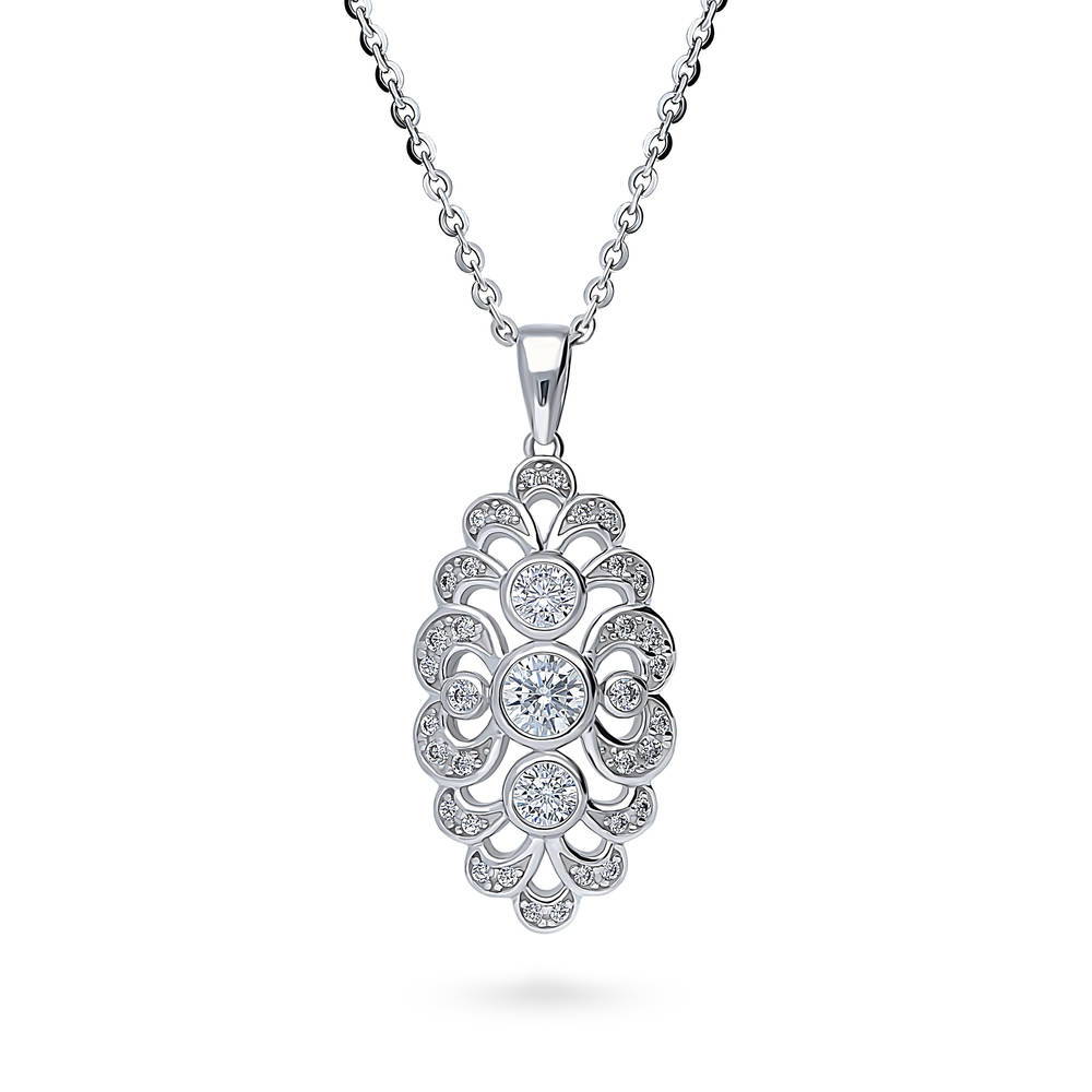 Navette Art Deco CZ Pendant Necklace in Sterling Silver