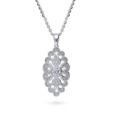 Navette Art Deco CZ Pendant Necklace in Sterling Silver