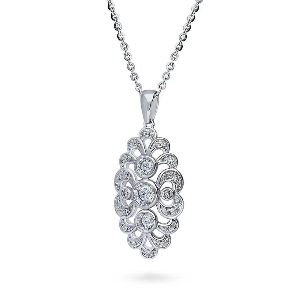 Navette Art Deco CZ Pendant Necklace in Sterling Silver