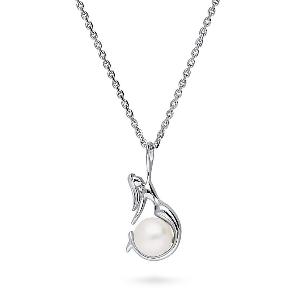 Front view of Mermaid White Button Cultured Pearl Necklace in Sterling Silver, 4 of 6