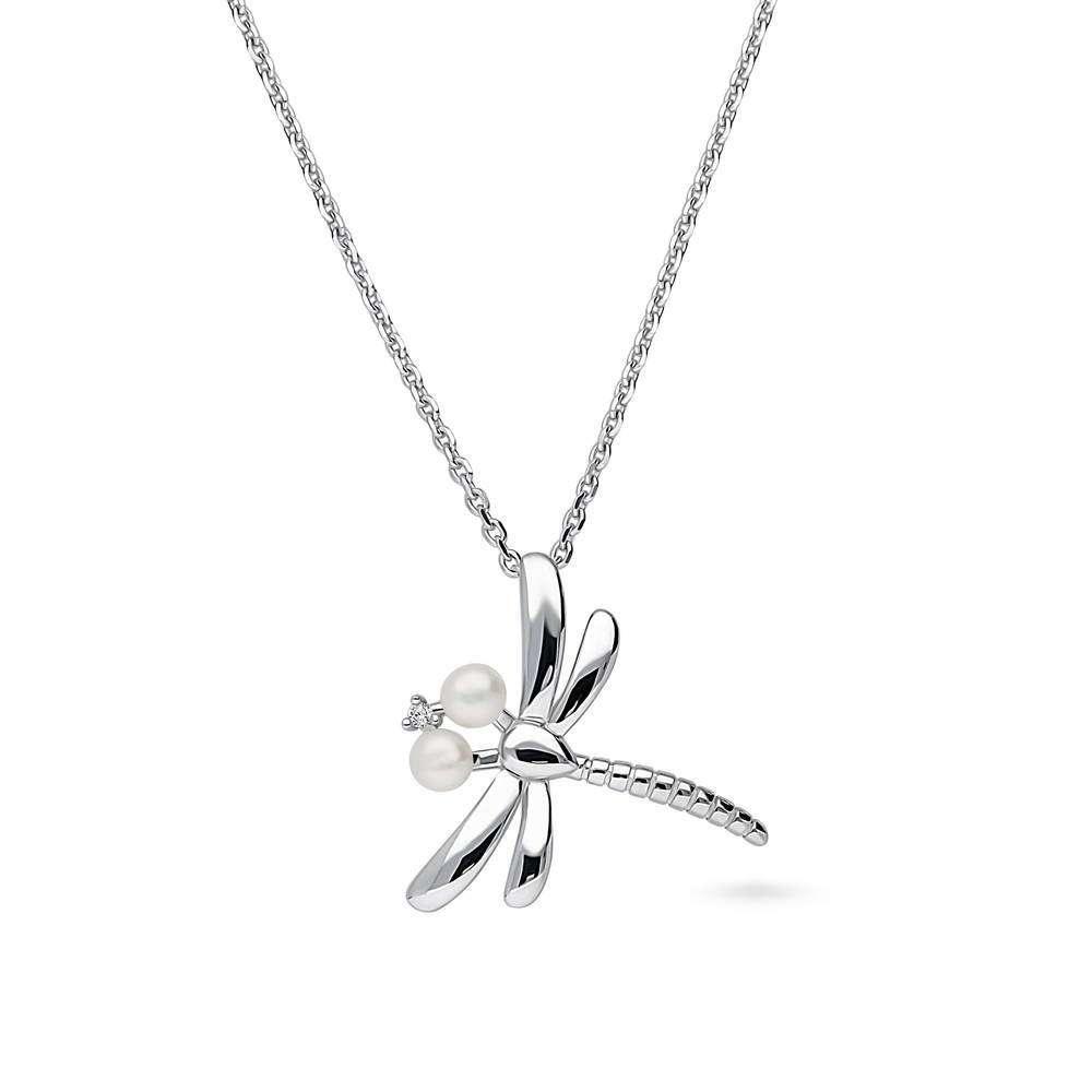 Dragonfly White Button Cultured Pearl Necklace in Sterling Silver, 1 of 6