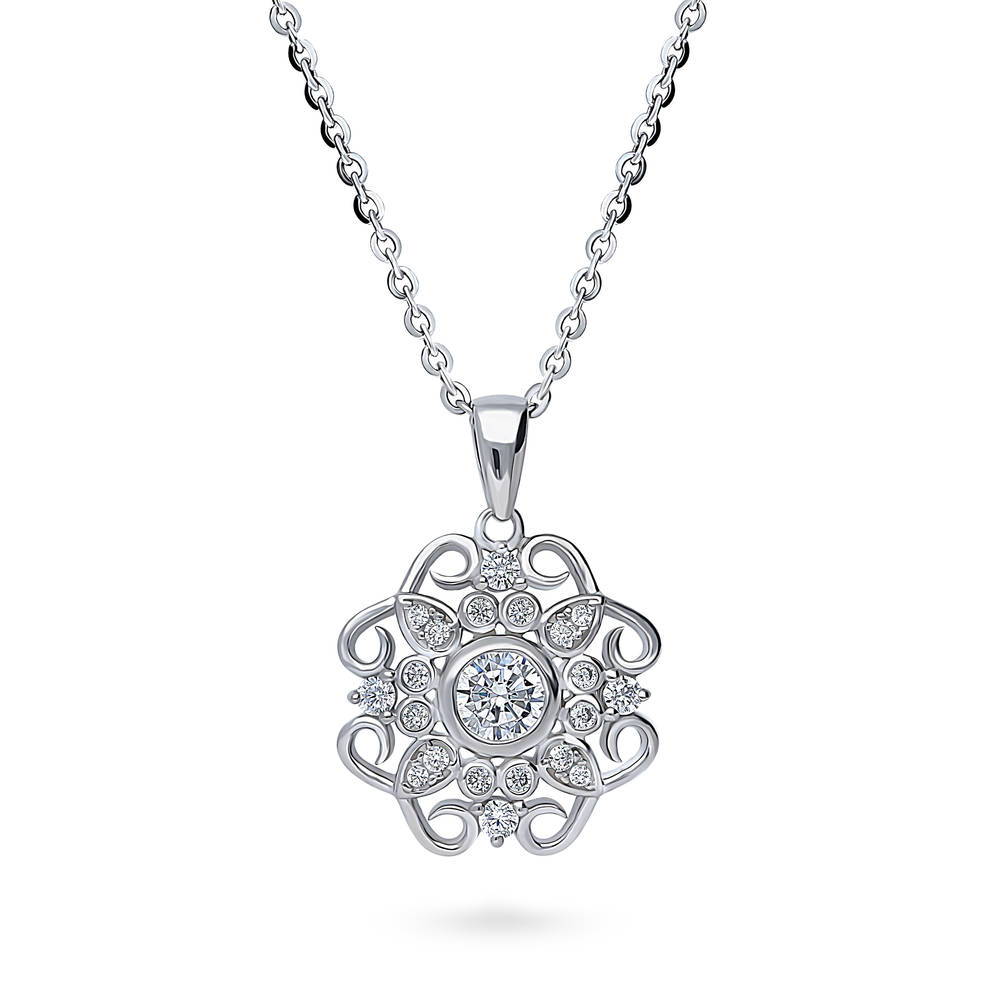 Flower Halo CZ Pendant Necklace in Sterling Silver, 1 of 8