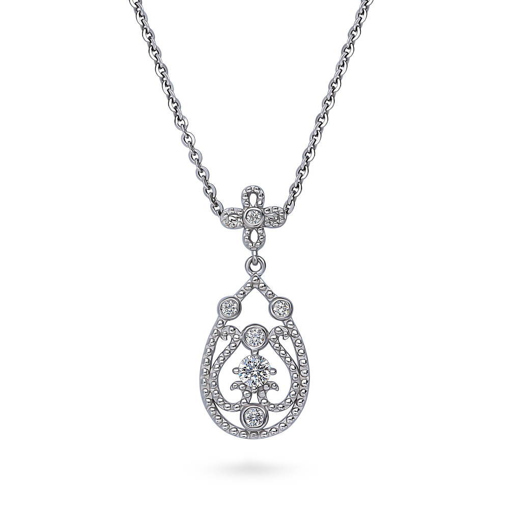 Art Deco Milgrain CZ Pendant Necklace in Sterling Silver