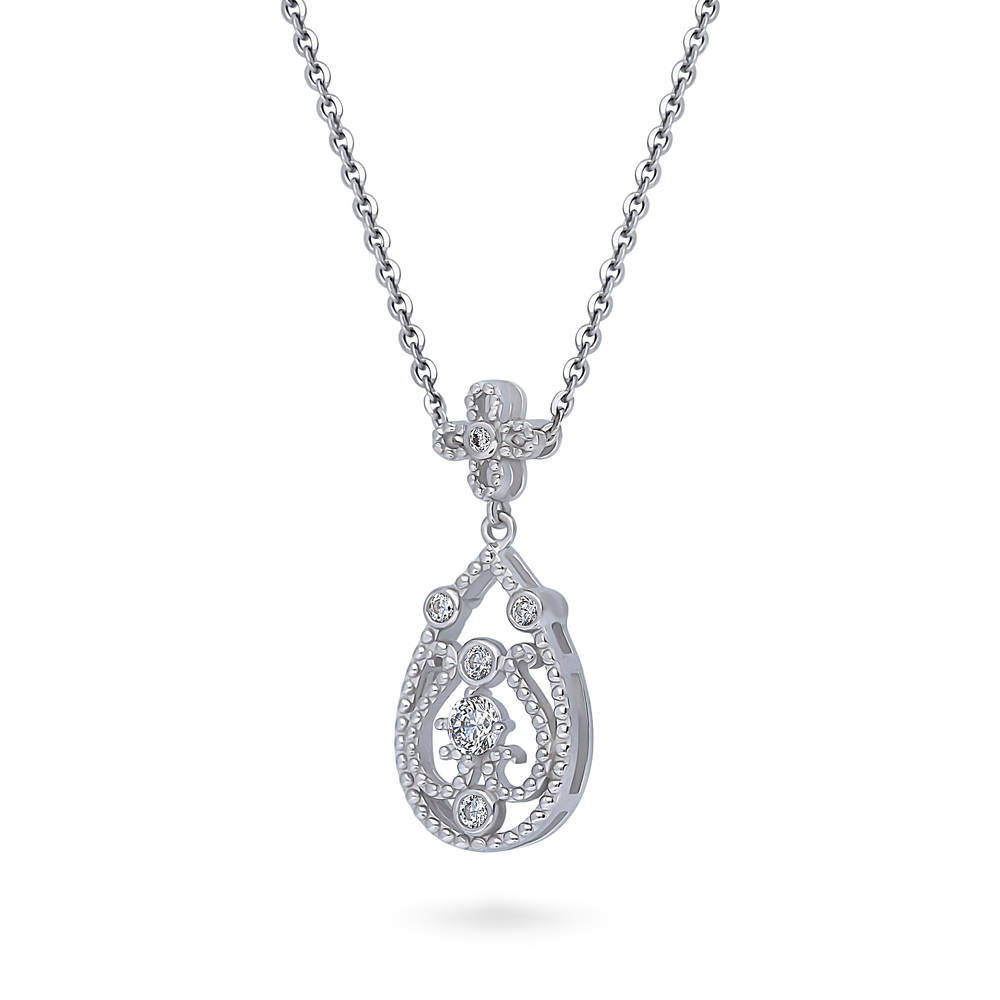 Art Deco Milgrain CZ Pendant Necklace in Sterling Silver