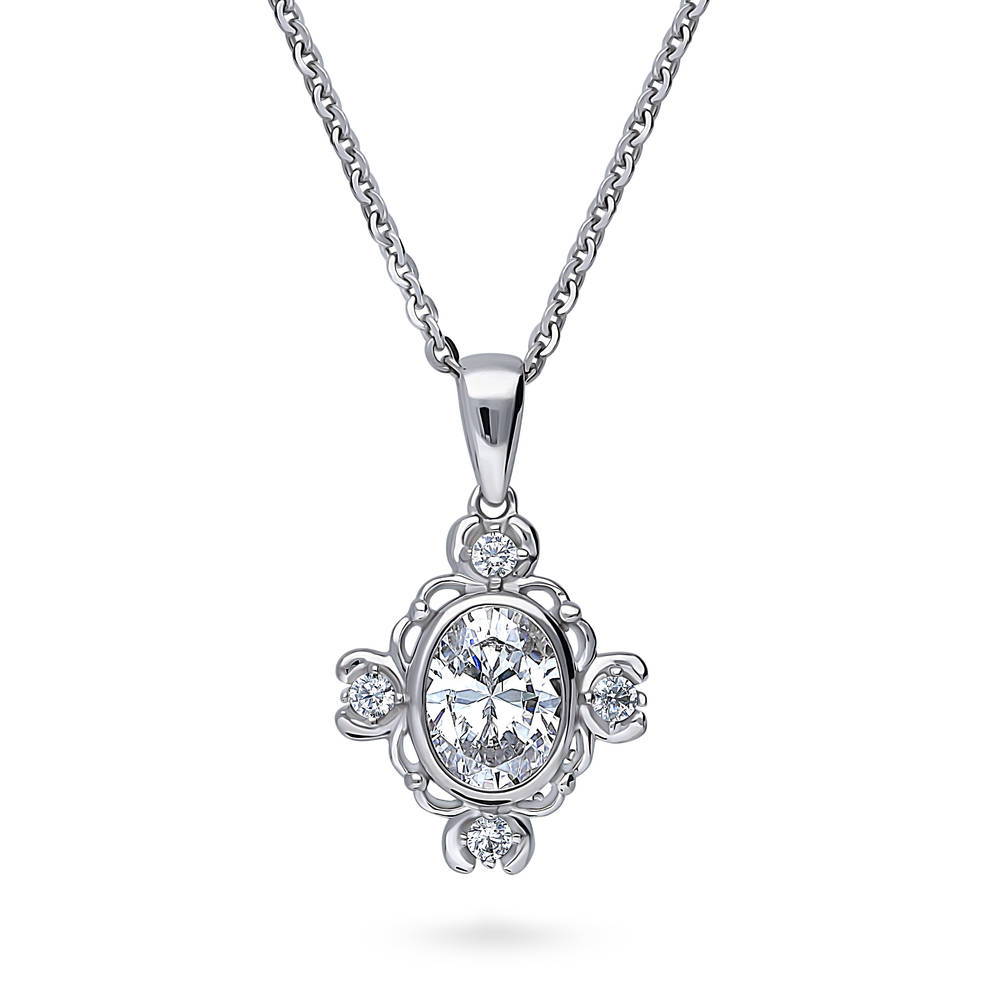 Flower Art Deco CZ Necklace and Earrings Set in Sterling Silver