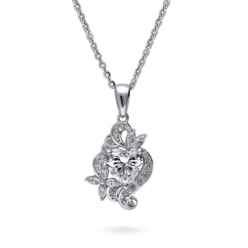 Flower Heart CZ Necklace and Earrings Set in Sterling Silver