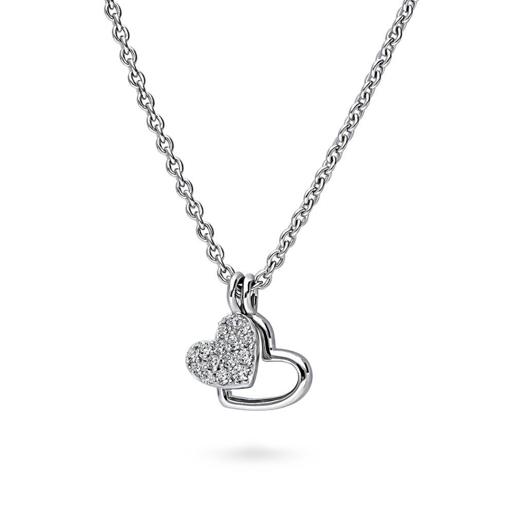 Front view of Open Heart CZ Pendant Necklace in Sterling Silver, 3 of 6