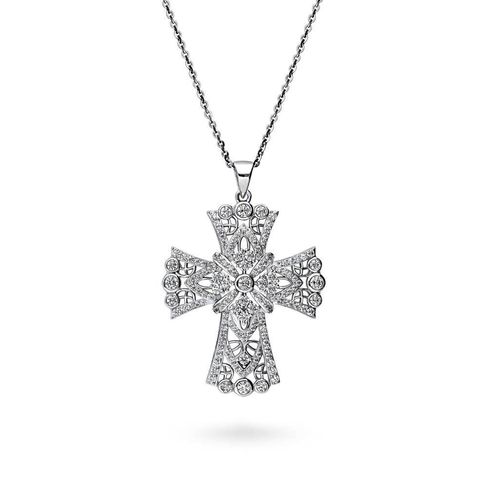 Cross CZ Statement Pendant Necklace in Sterling Silver, 1 of 6