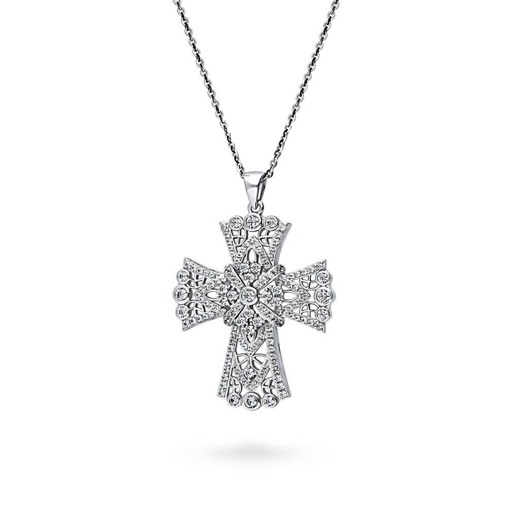 Front view of Cross CZ Statement Pendant Necklace in Sterling Silver, 4 of 6