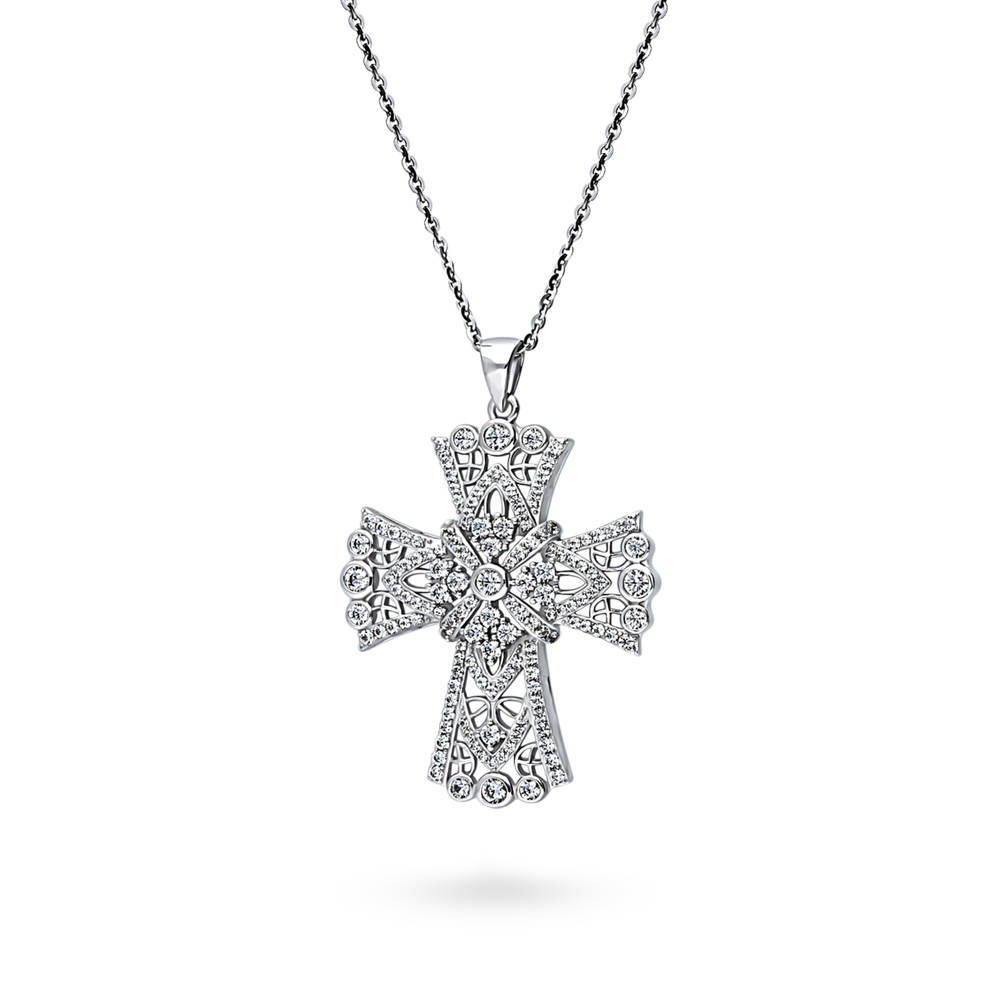 Front view of Cross CZ Pendant Necklace in Sterling Silver, 4 of 6