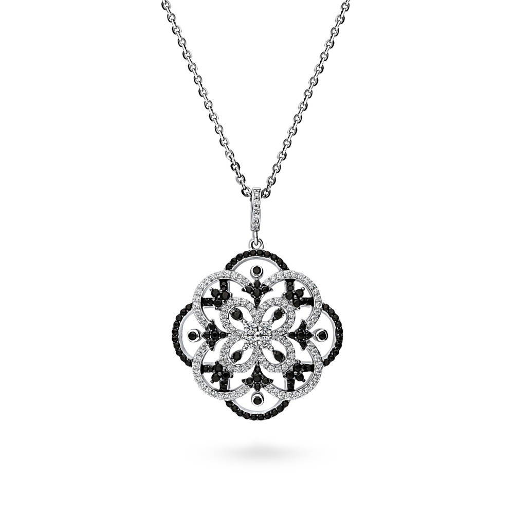 Flower Black and White CZ Necklace in Sterling Silver