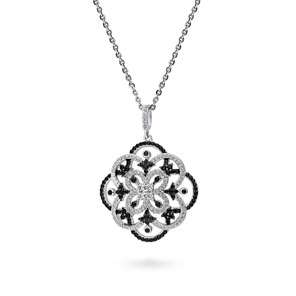 Front view of Flower Black White CZ Necklace in Sterling Silver, 4 of 7