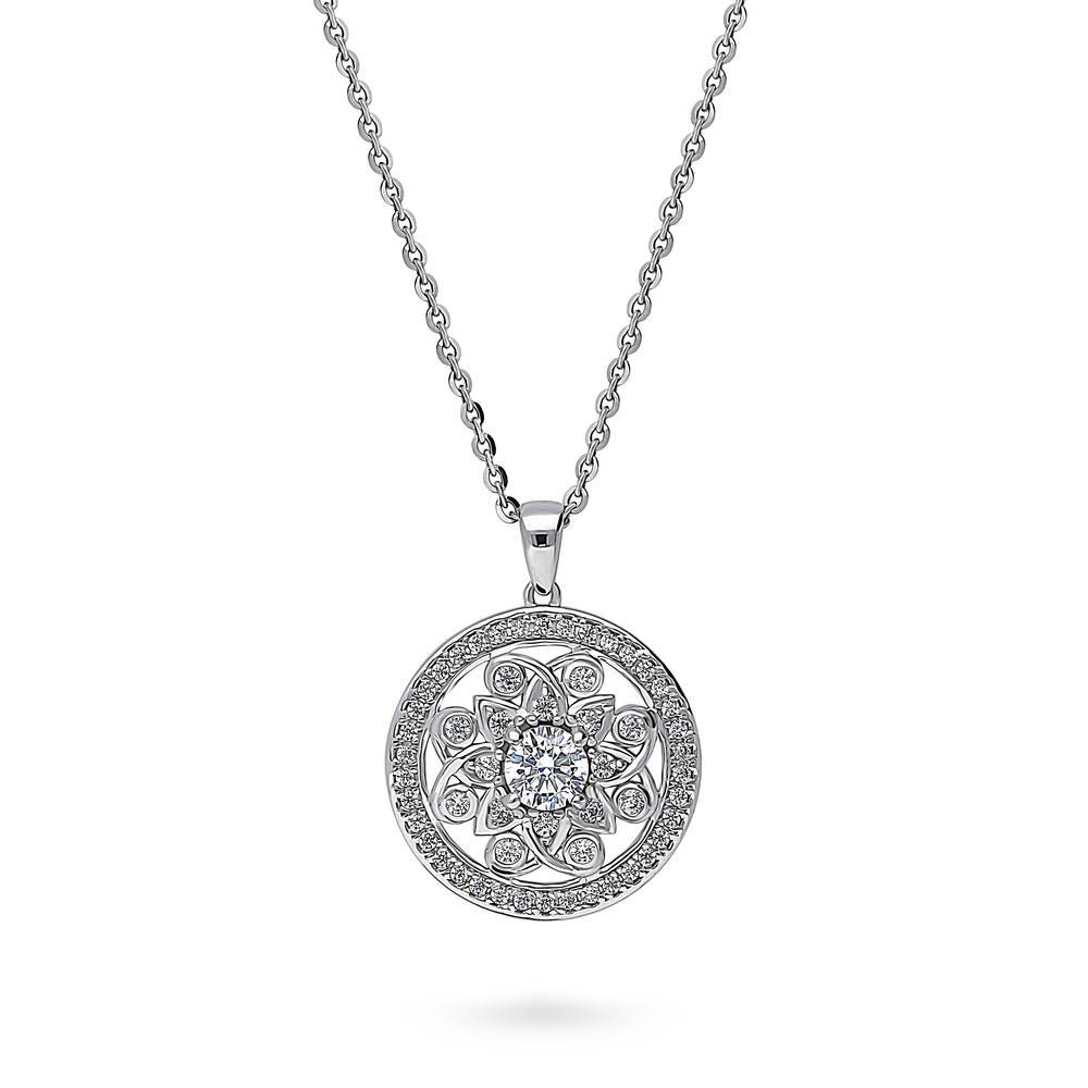 Flower Medallion CZ Pendant Necklace in Sterling Silver, 1 of 9