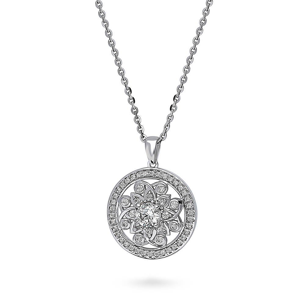 Front view of Flower Medallion CZ Pendant Necklace in Sterling Silver, 4 of 9