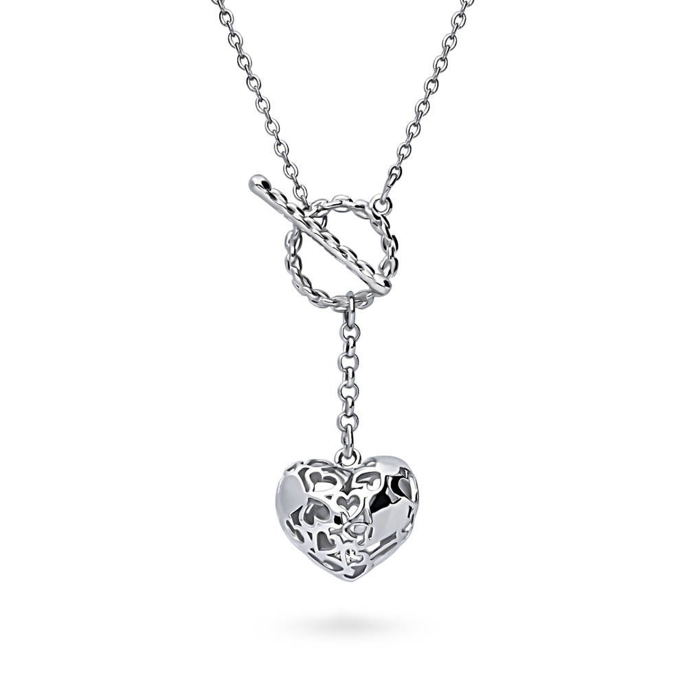 Heart Open Circle CZ Toggle Lariat Necklace, Rhodium Plated