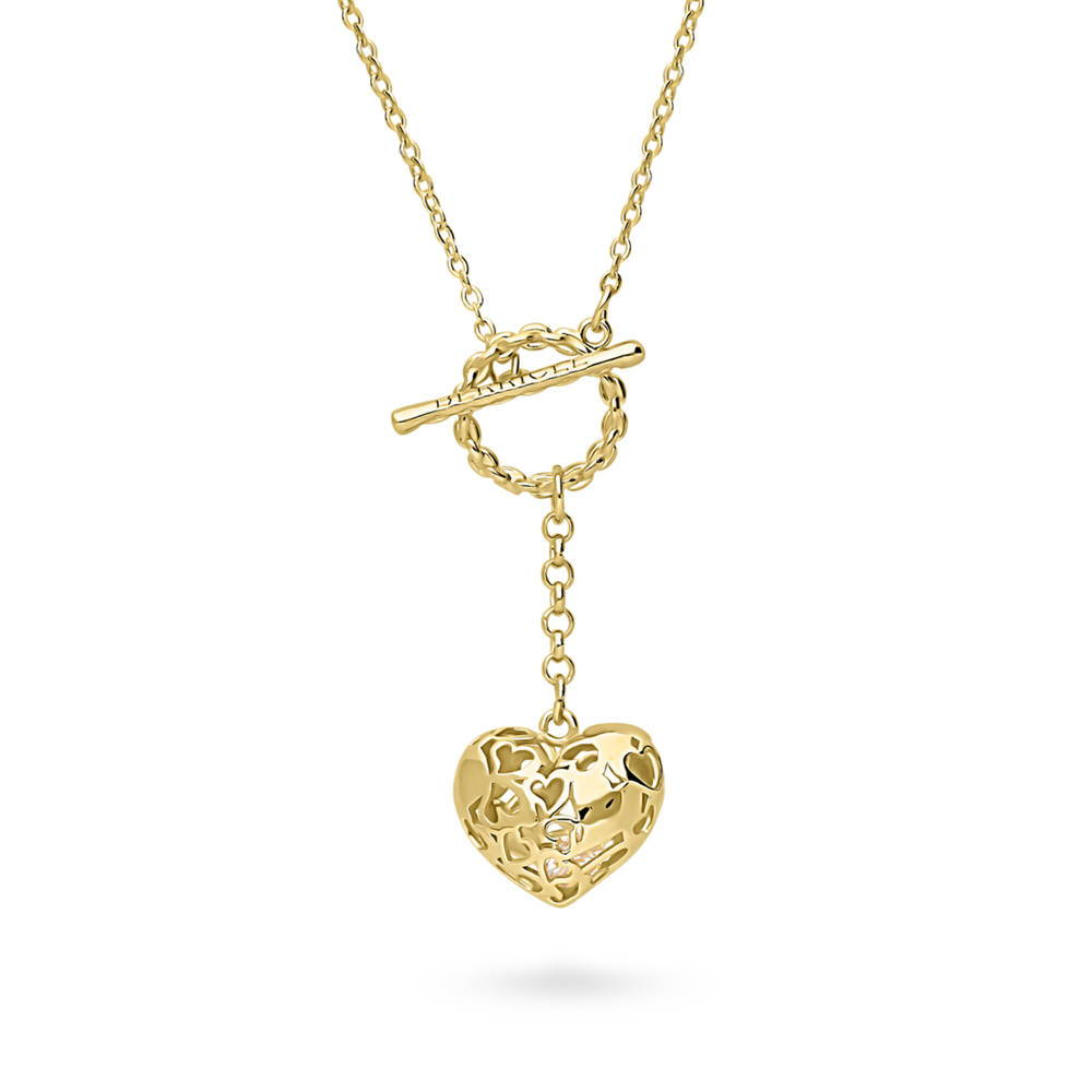 Front view of Heart Open Circle CZ Toggle Lariat Necklace, Yellow Gold Flashed