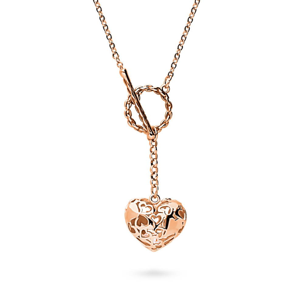 Heart Open Circle CZ Toggle Lariat Necklace, Rose Gold Flashed