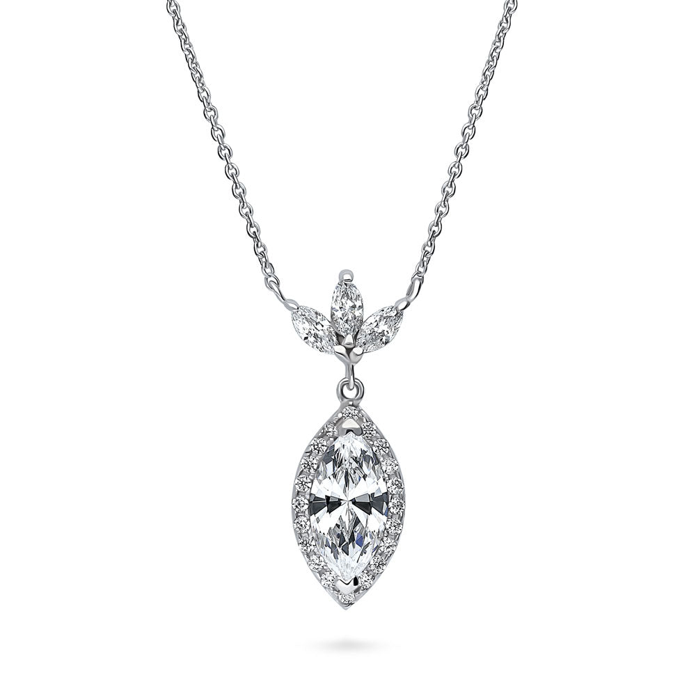 Halo Flower Marquise CZ Pendant Necklace in Sterling Silver, 1 of 6