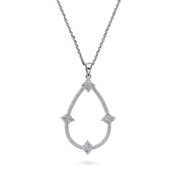 Flower Teardrop CZ Pendant Necklace in Sterling Silver
