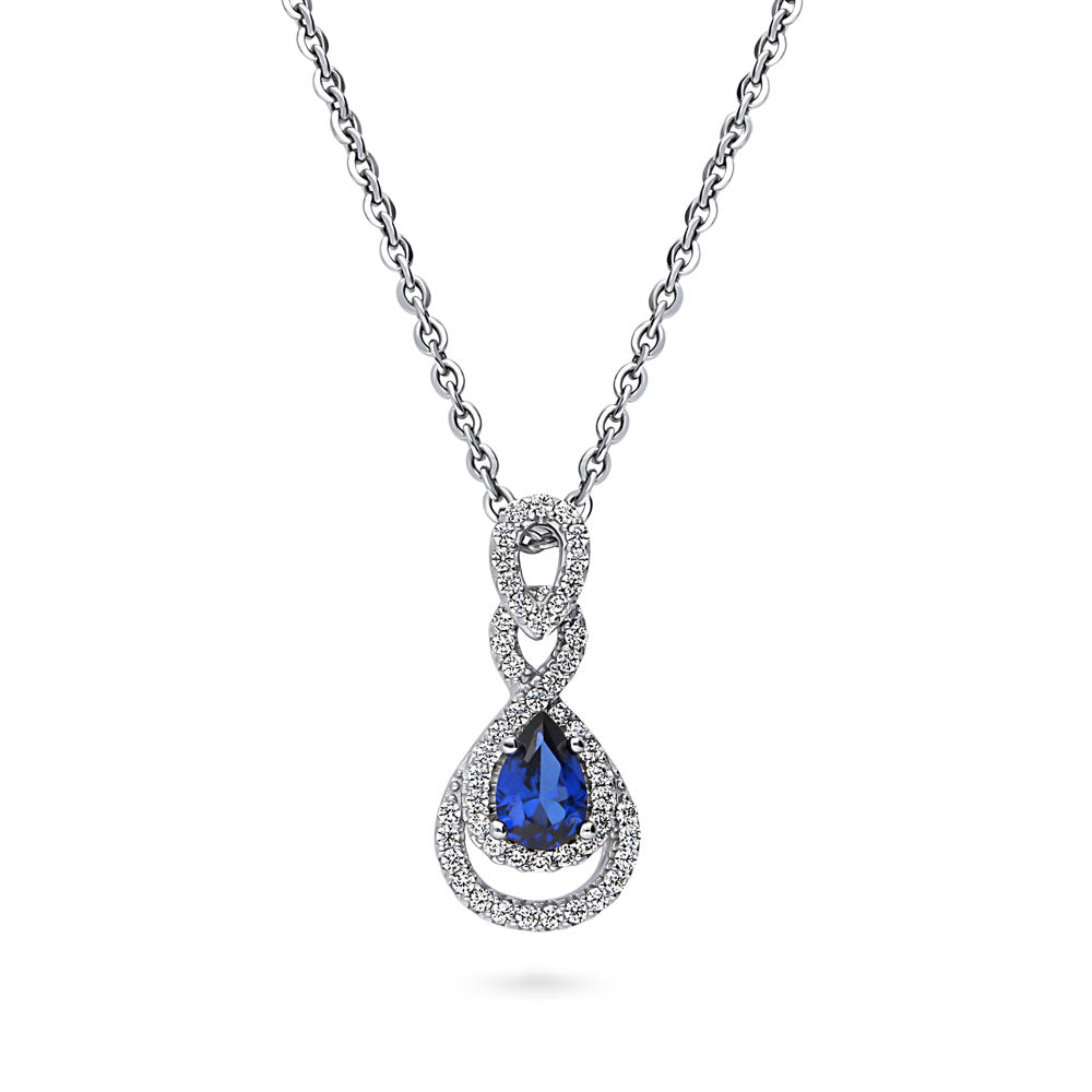 Teardrop Simulated Blue Sapphire CZ Pendant Necklace in Sterling Silver
