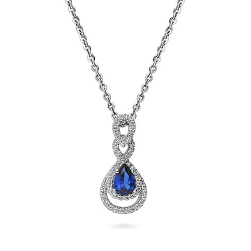 Teardrop Simulated Blue Sapphire CZ Pendant Necklace in Sterling Silver