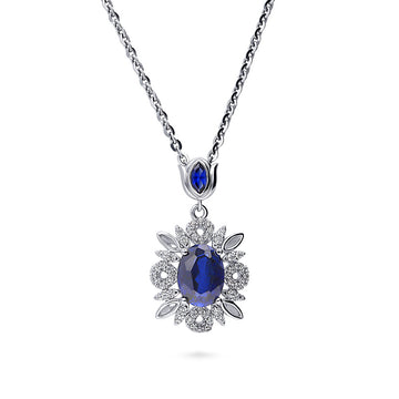 Flower Halo Simulated Blue Sapphire CZ Necklace in Sterling Silver