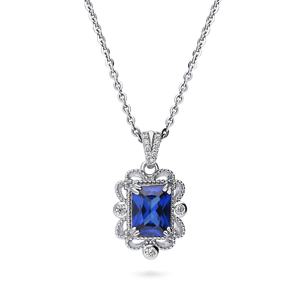 Milgrain Simulated Blue Sapphire CZ Pendant Necklace in Sterling Silver, 1 of 7