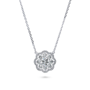 Flower Halo CZ Pendant Necklace in Sterling Silver