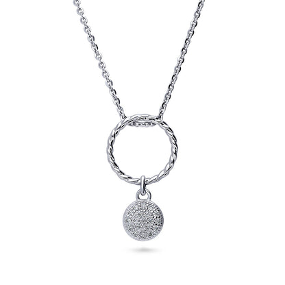 Open Circle Cable Coin CZ Necklace in Sterling Silver