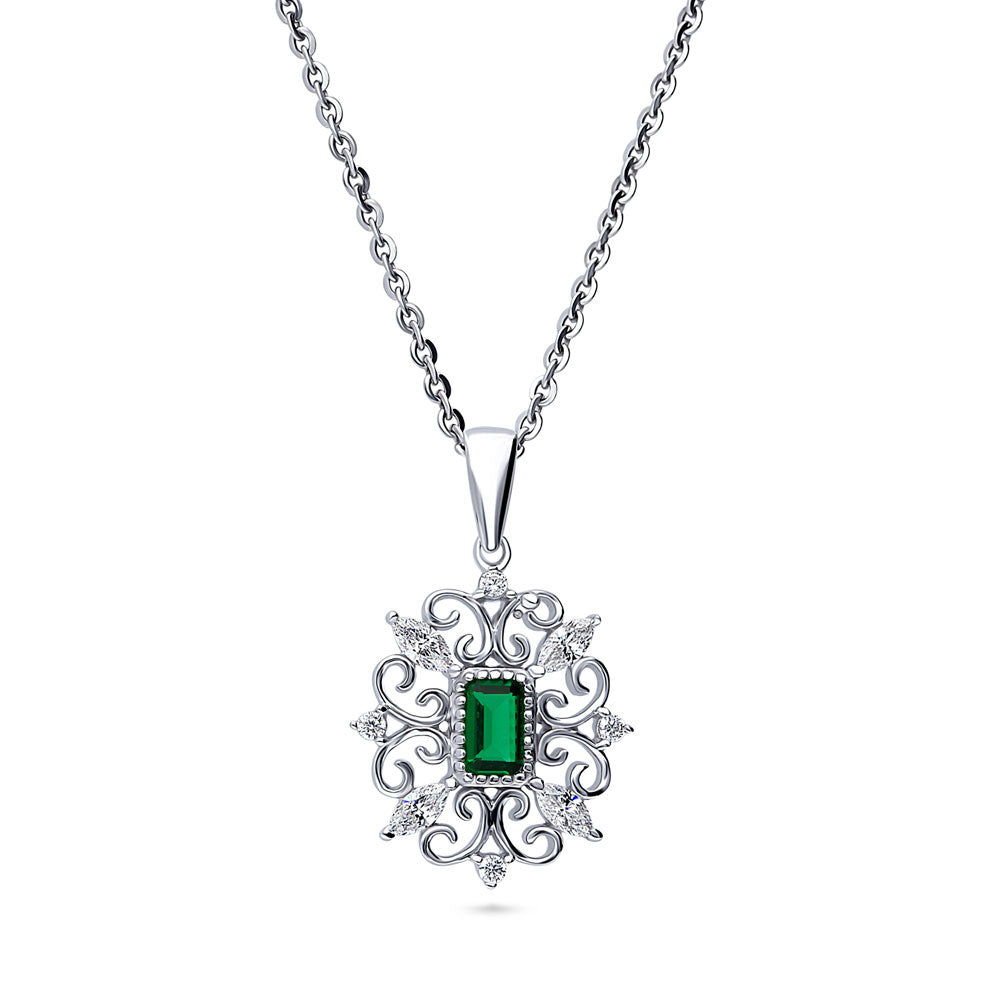 Art Deco Filigree CZ Pendant Necklace in Sterling Silver
