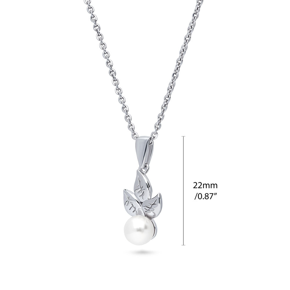 Front view of Leaf Imitation Pearl Pendant Necklace in Sterling Silver, 4 of 9
