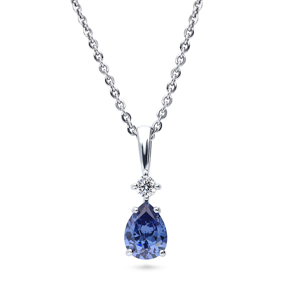 2-Stone Simulated Blue Tanzanite CZ Pendant Necklace in Sterling Silver, 1 of 6