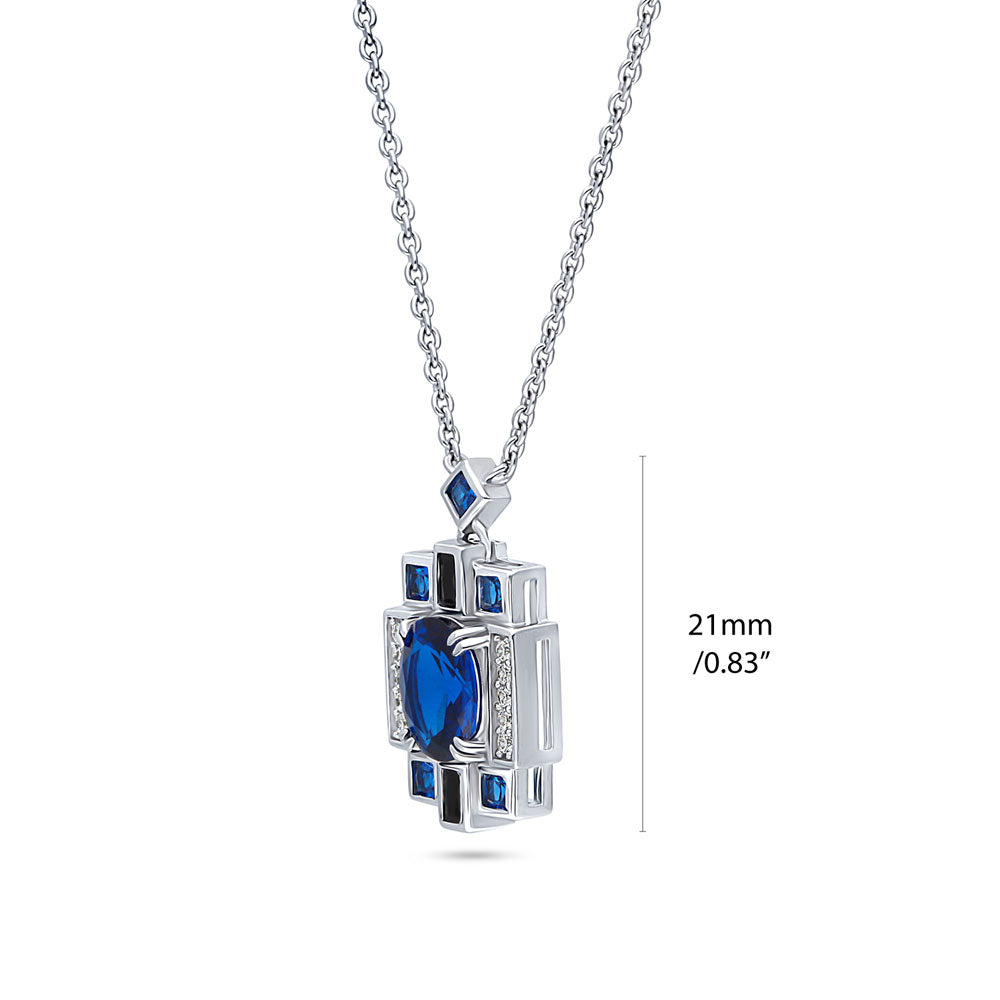 Front view of Art Deco Simulated Blue Sapphire CZ Pendant Necklace in Sterling Silver, 4 of 9