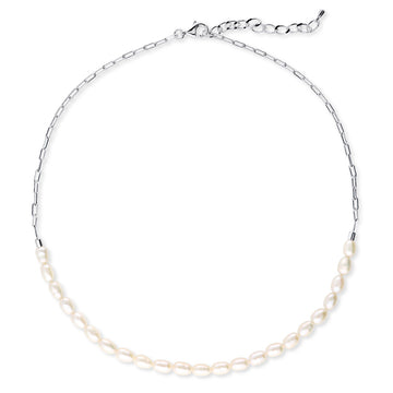 Paperclip White Oval Cultured Pearl Chain Necklace in Sterling Silver
