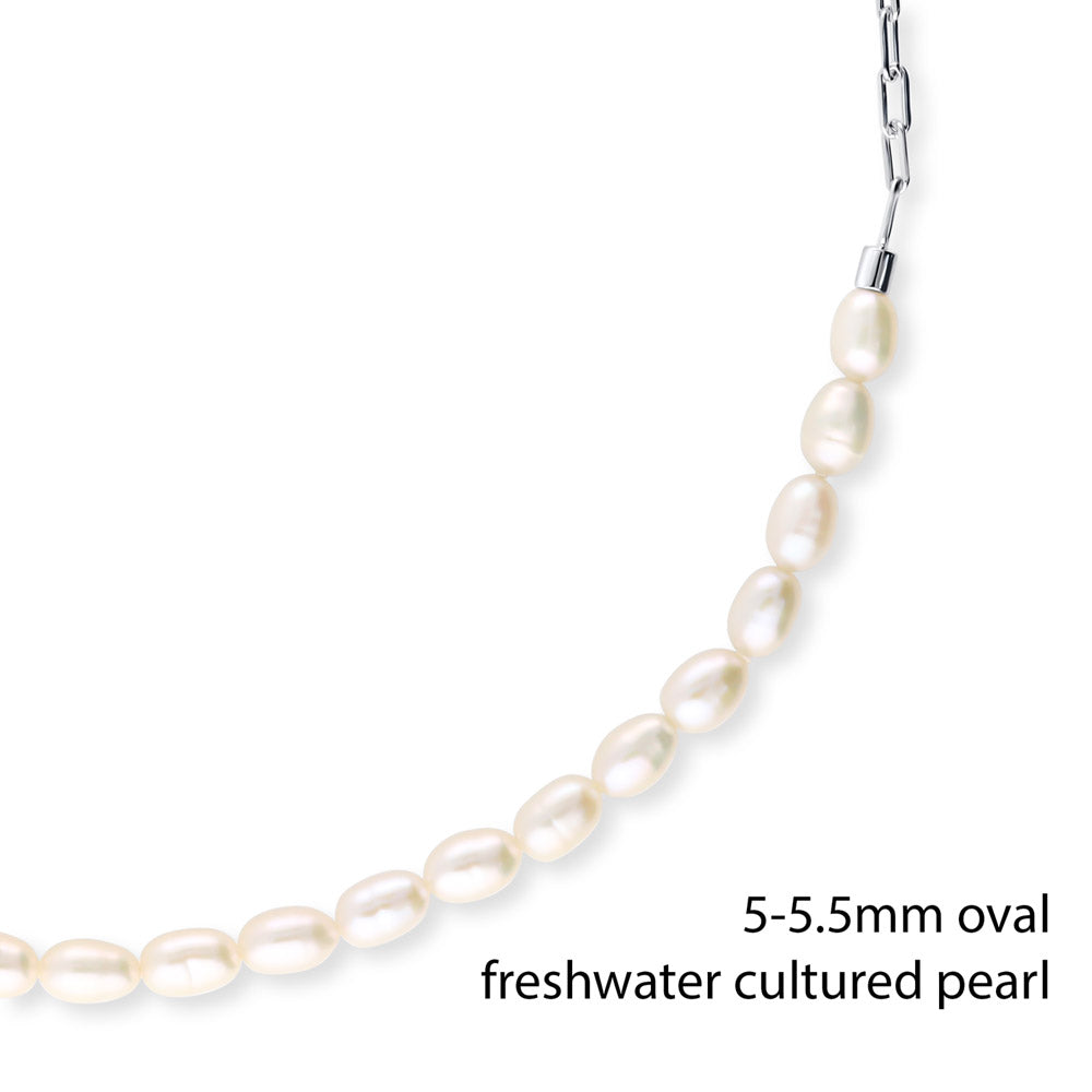 Front view of Paperclip White Oval Cultured Pearl Chain Necklace in Sterling Silver, 4 of 18