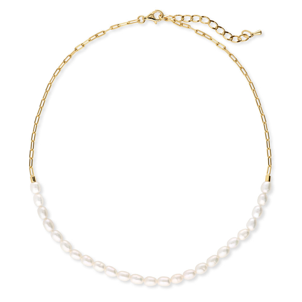 Paperclip White Oval Cultured Pearl Chain Necklace in Sterling Silver, 1 of 19