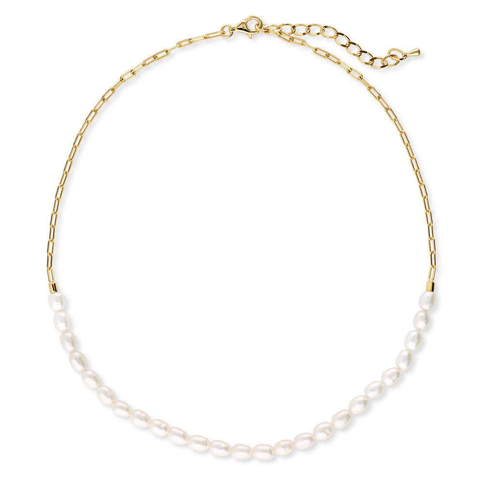 Paperclip Cultured Pearl Link Chain Necklace in Sterling Silver