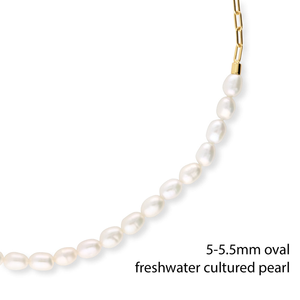 Front view of Paperclip Cultured Pearl Link Chain Necklace in Sterling Silver, Yellow Gold Flashed