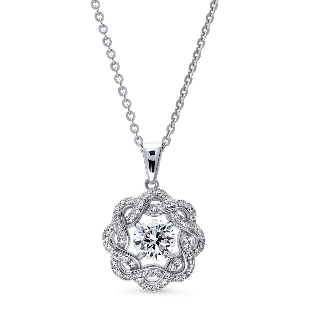 Flower Ribbon CZ Necklace and Earrings Set in Sterling Silver