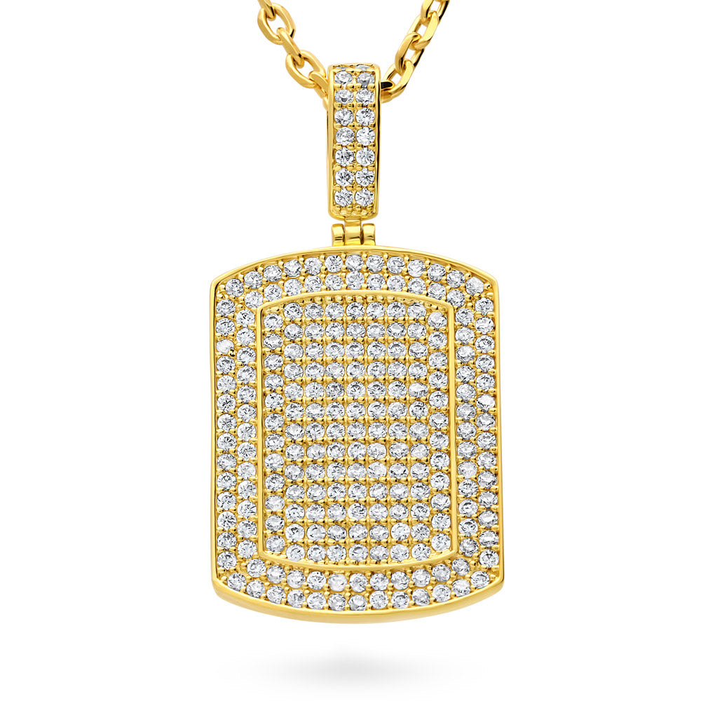 Dog Tag CZ Necklace, Yellow Gold Flashed, Clear Stone