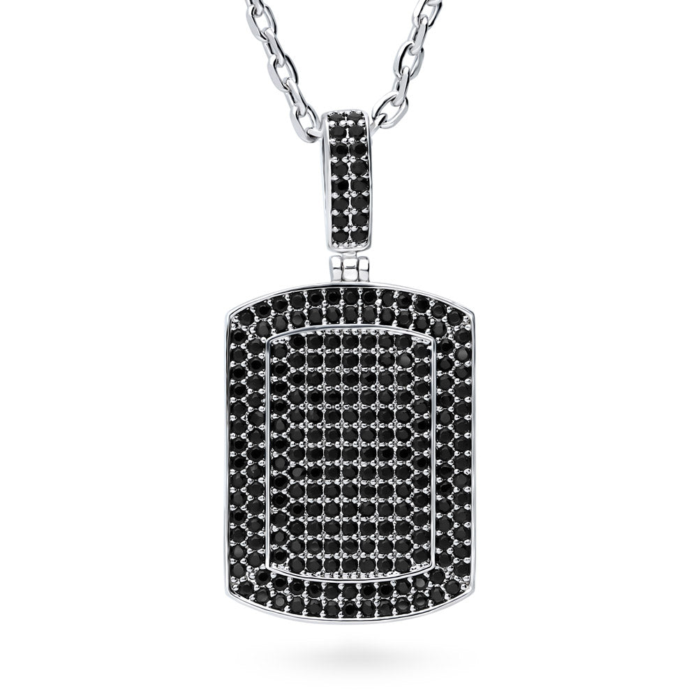 Dog Tag CZ Necklace, Rhodium Plated, Black Stone