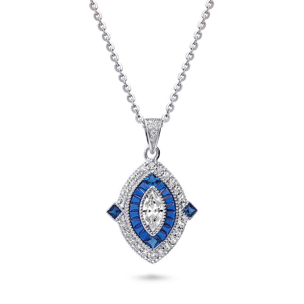 Navette Halo Art Deco Milgrain CZ Necklace in Sterling Silver