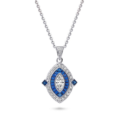 Navette Halo Art Deco Milgrain CZ Necklace in Sterling Silver