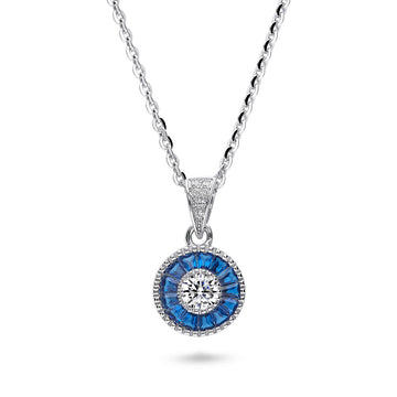 Halo Art Deco Round CZ Pendant Necklace in Sterling Silver