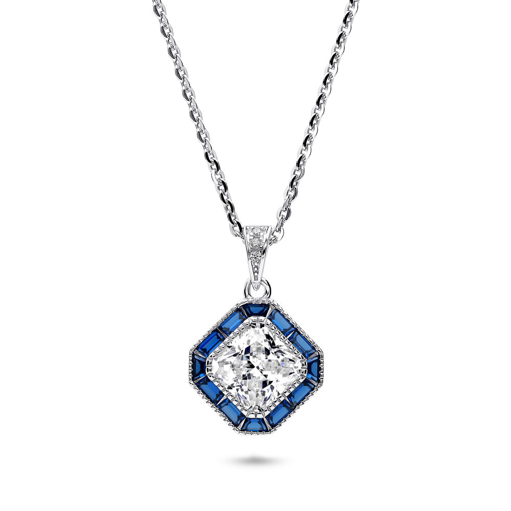 Halo Art Deco Princess CZ Pendant Necklace in Sterling Silver, 1 of 8