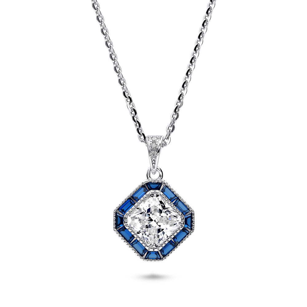 Halo Art Deco Milgrain Princess CZ Necklace in Sterling Silver