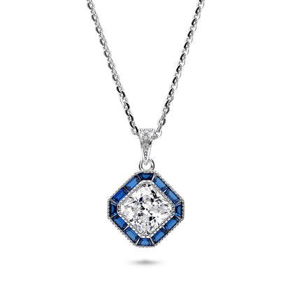 Halo Art Deco Milgrain Princess CZ Necklace in Sterling Silver