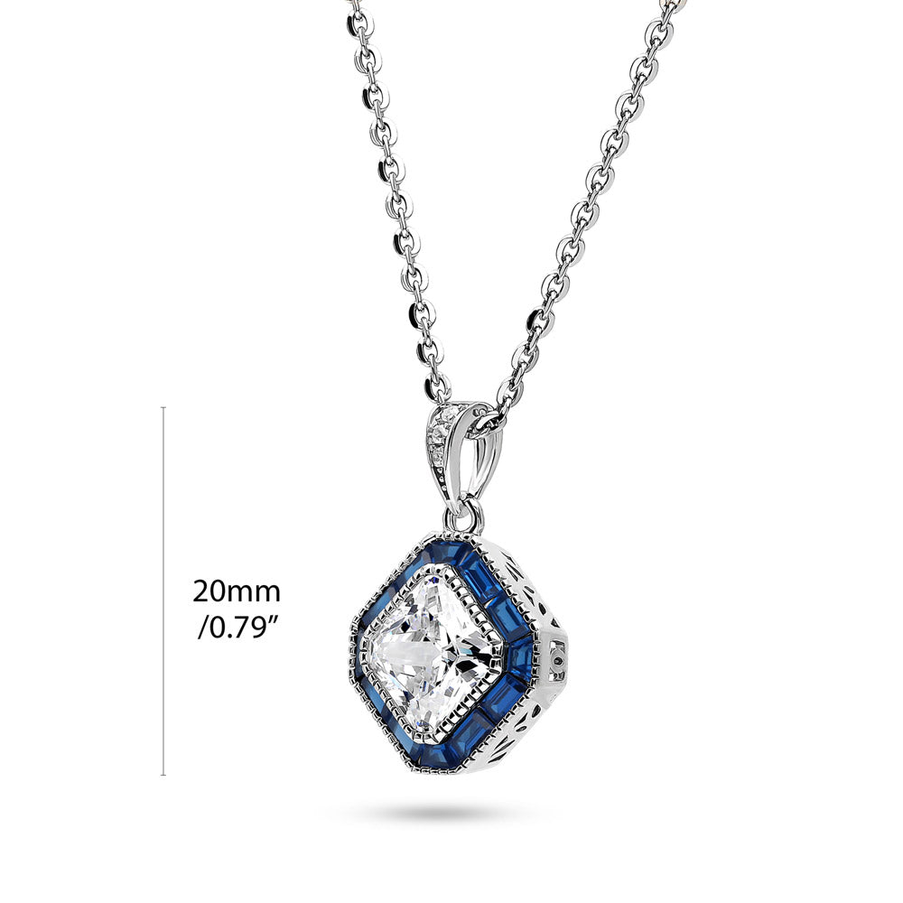Front view of Halo Art Deco Princess CZ Pendant Necklace in Sterling Silver, 4 of 8