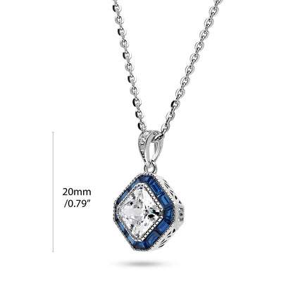 Halo Art Deco Milgrain Princess CZ Necklace in Sterling Silver