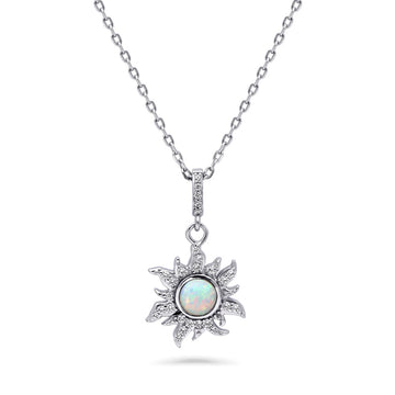 Sun Sunburst Simulated Opal CZ Pendant Necklace in Sterling Silver